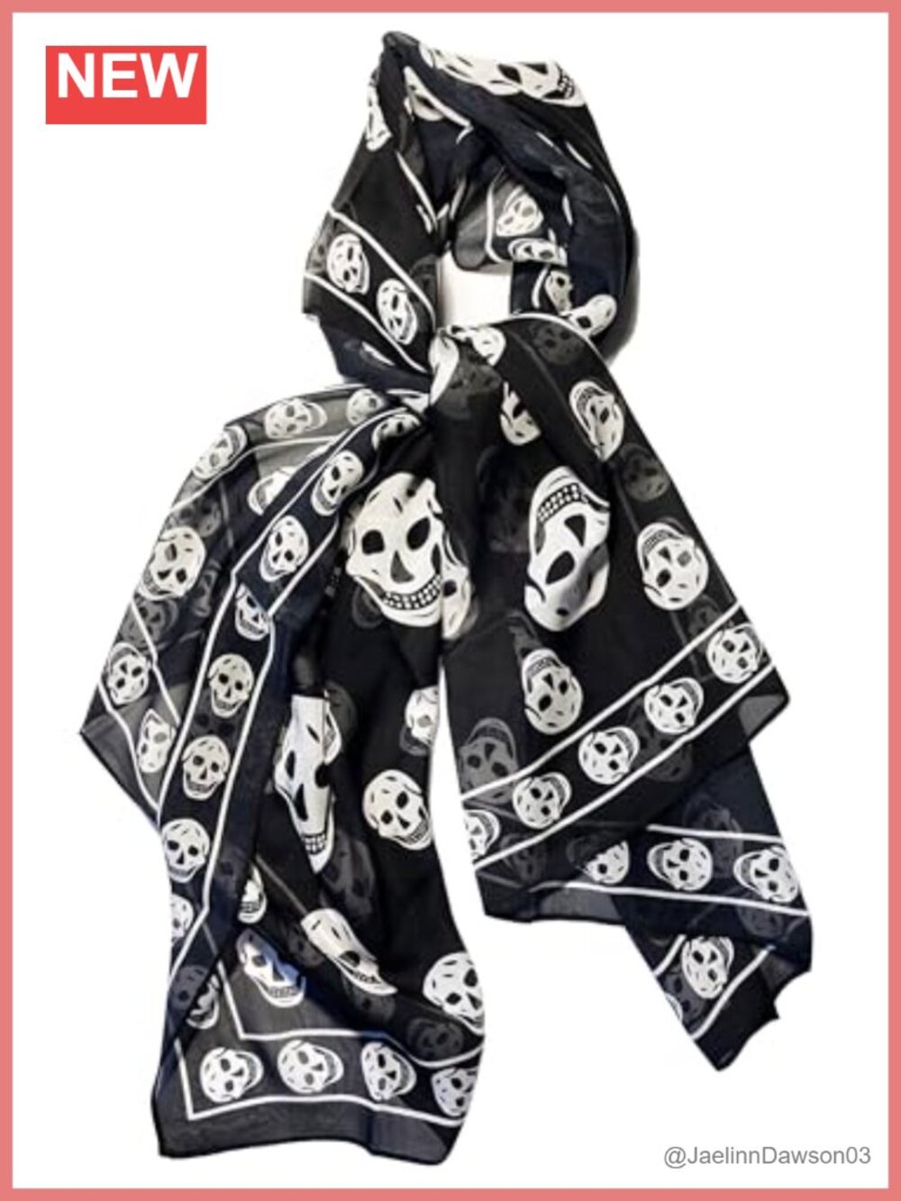Pure Silk Chiffon Skull Scarf 58.5" Long Wrap Gothic Punk